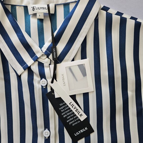 LilySilk Women's The Amalfi Stripe Silk Shirt, L, Blue & White Pinstripe, NWT - Picture 3 of 11